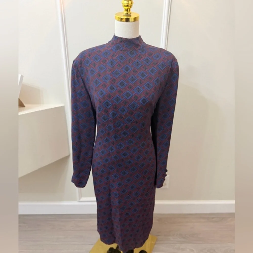 Talbots Navy and Burgundy Geometric Mock Neck Midi Dress